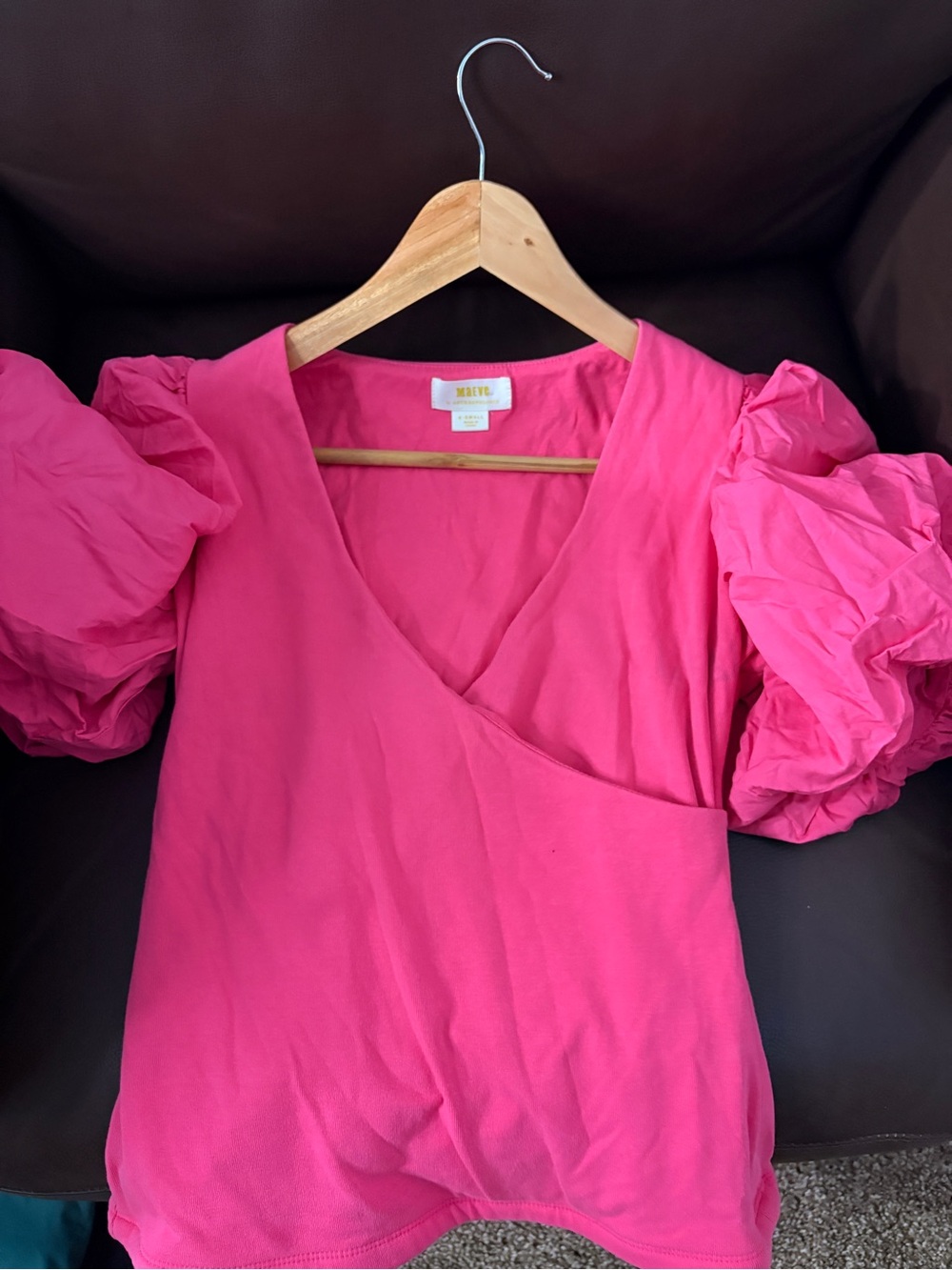 Pink Puff Sleeve Wrap Top Blouse